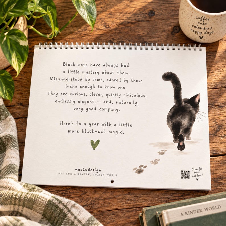 Back cover of illustrated black cat calendar with watercolor walking cat, paw prints and poetic black cat message