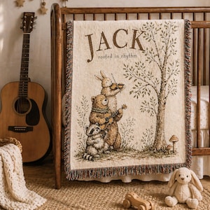 Manta personalizada de bluegrass para bebé / Manta tejida con nombre personalizado / Regalo musical para bebé / Manta infantil con diseño de guitarra, banjo y bosque