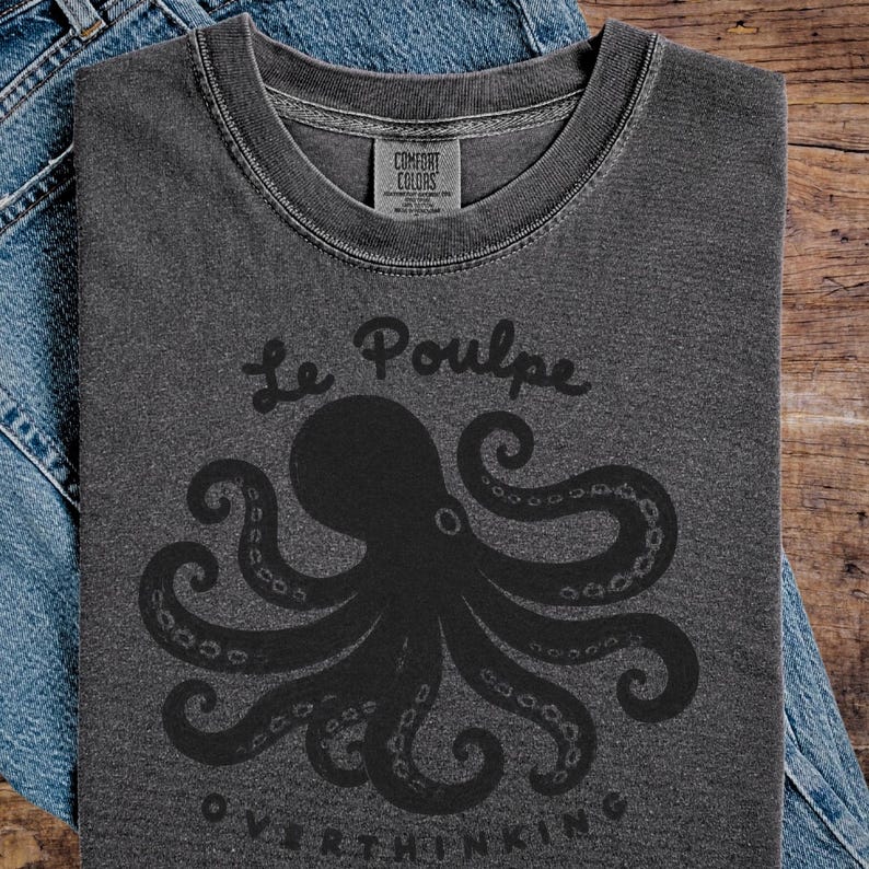 Pepper Comfort Colors monochrome octopus shirt flat lay.