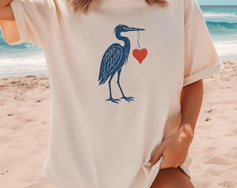 Great Blue Heron Bird Lover Shirt | LINOCUT Block Print Bird Tee | Folk Art Comfort Colors Tshirt