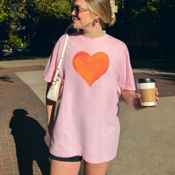 Minimalist PINK & ORANGE HEART Graphic Tee Shirt - Blossom and Crunchberry Comfort Colors