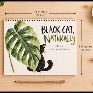11 x 8.5 inch 2027 black cat wall calendar with watercolor monstera leaf cover and illustrated black cat artwork