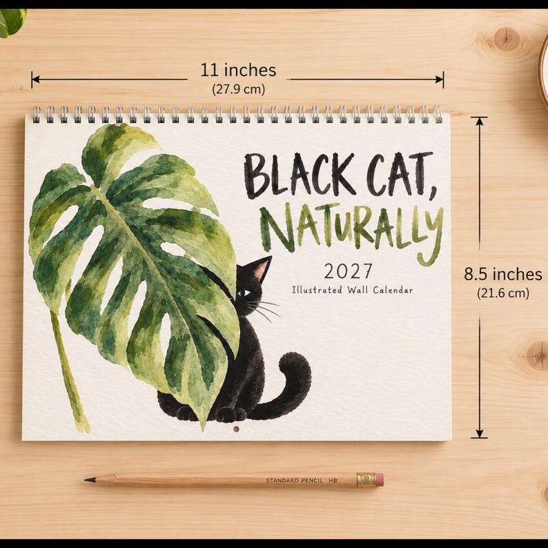 11 x 8.5 inch 2027 black cat wall calendar with watercolor monstera leaf cover and illustrated black cat artwork