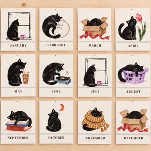 Twelve monthly black cat watercolor illustrations for 2027 wall calendar, whimsical cat art from January through December