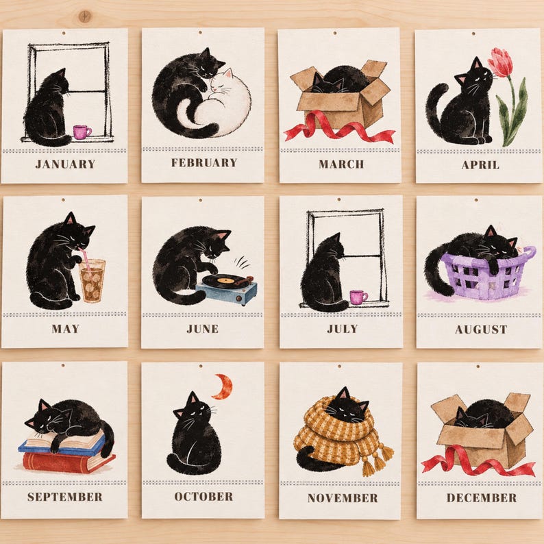 Twelve monthly black cat watercolor illustrations for 2027 wall calendar, whimsical cat art from January through December