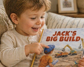 May include: A young child smiles while pointing at a book titled "Jack's Big Build." The book cover features an illustration of a construction scene with a truck, excavator, and a boy in a blue cap. The author's name, Martha Chaisson, is printed at the bottom.