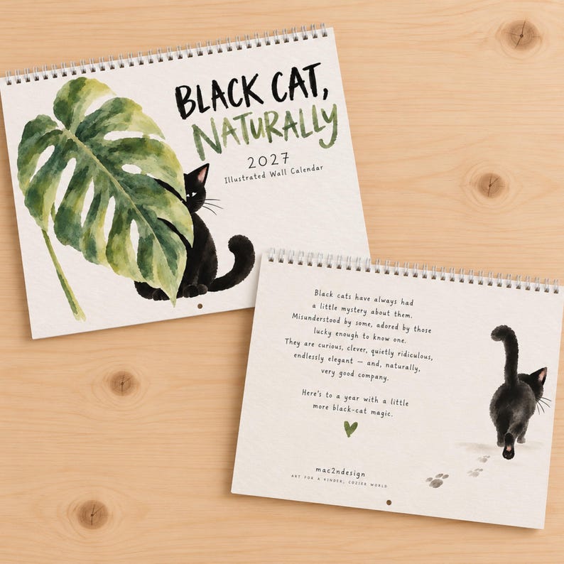2027 illustrated black cat wall calendar front and back covers displayed on light pine wood, watercolor cat lover gift