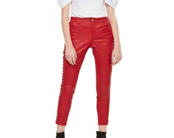 Women Red Genuine Leather Pants - Side Lace Up Trendy Slim Fit Ladies Leather Pants