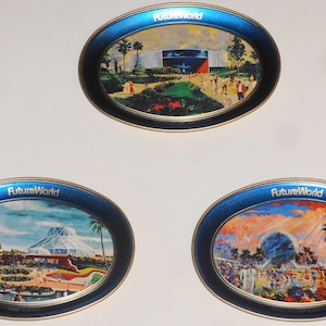 Set of 3 DISNEY Future World 1982 EPCOT Center Small Metal Trays: Spaceship Earth, The Land, World of Motion NEW/Vintage