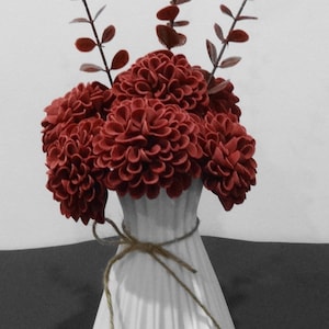 Fall/Winter Holiday Faux Burgundy Dahlia Flowers & Burgundy Eucalyptus Floral Arrangement in White Modern Minimalist Vase Centerpiece
