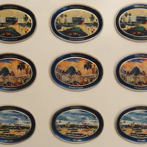 5 Sets of 3 DISNEY Future World 1982 EPCOT Center Small Metal Trays: Spaceship Earth, The Land, World of Motion NEW/Vintage - Total 15 Trays