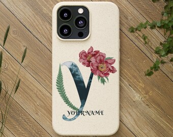 Personalized Floral Monogram Phone Case, Custom Initial Eco-Friendly Biodegradable Cover, Aesthetic Flower Design Accessories