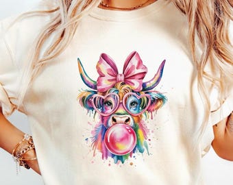 Coquette Highland Cow Bubblegum Design • Holographic PNG • Cute Sublimation for Shirts • Instant Digital Download