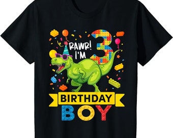 Kids 3 Year Old Dinosaur Building Blocks 3rd Birthday PNG