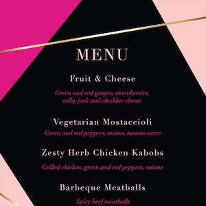 Spersonalizowane menu urodzinowe lub weselne lub koktajlowe do pobrania w wersji cyfrowej Elegancki design na specjalne okazje