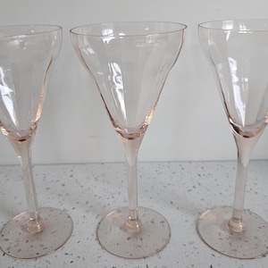 Set 3 Vintage Deco Pink Horizontal Optic Wine Glasses Water Goblets c.1930