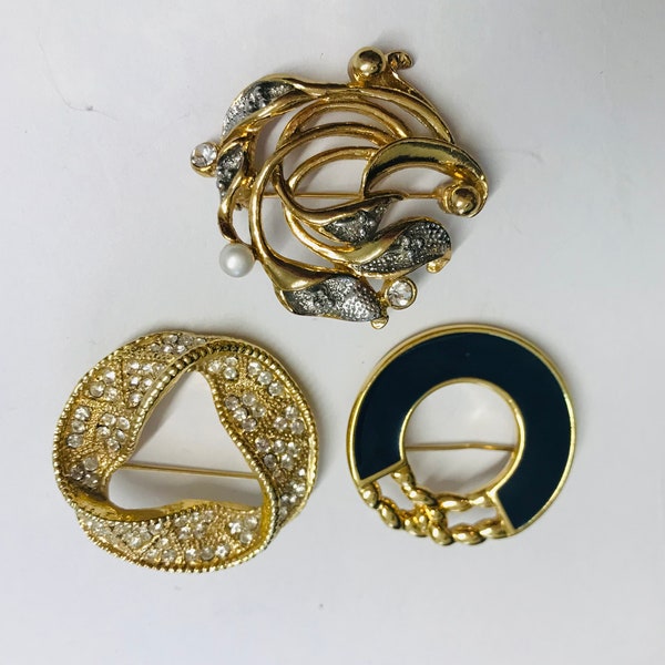 3 Vintage Gold Plated/tone 1980s Era Brooches Including Monet Movitex