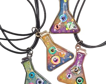 Unique Rainbow Potion Flask Pendant Necklace - Glow N The Dark - Eye Beaker Necklace