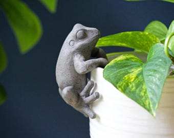 May include: A gray, textured frog figurine designed to hang onto the rim of a container. The frog has a smooth, rounded head, defined eyes, and limbs positioned as if gripping the edge of a white, ribbed planter with green foliage nearby.