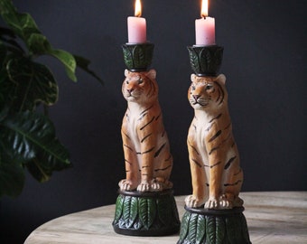 Set of 2 Tiger Candlesticks, Candleholders X2