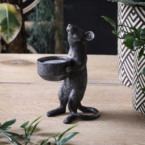May include: A dark gray, textured mouse figurine standing on its hind legs. The mouse is holding a small, round, bowl-shaped candle holder in its front paws. The surface of the mouse and the bowl has a weathered, metallic appearance with visible details.