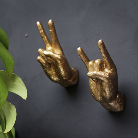 Set of 2 Gold Hand Hooks, Wall Decor