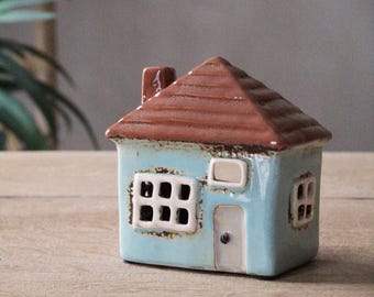 House Cottage Tea Light Holder - Light Blue