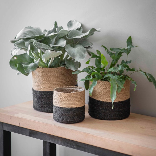 Set of 3 Jute and Black Planters, Plant Pots, Baskets