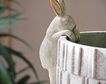 Peut inclure: Pot en céramique blanche avec une figurine de lapin qui dépasse du bord. Le pot a un design texturé et côtelé.