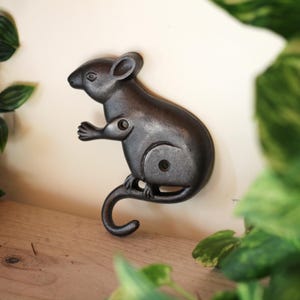 May include: A dark gray cast iron mouse-shaped wall hook. The hook is detailed with a tail, ears, and paws. The mouse is mounted on a light-colored wall with green foliage in the background. The hook is designed for hanging items.