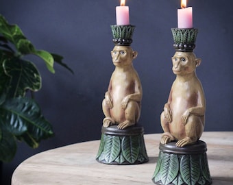 Set of 2 Monkey Candlesticks, Candleholders X2