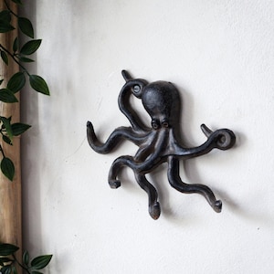 Può includere: Ganci da parete in ghisa nera a forma di polpo con otto tentacoli. Il polpo è montato su una parete bianca.