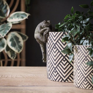 May include: Two black and white geometric patterned planters with a frog figurine perched on the rim of one planter.