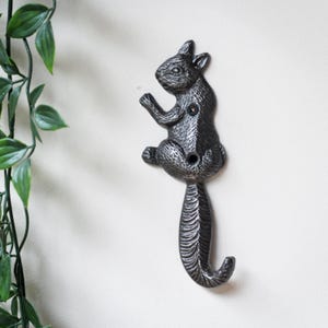 Peut inclure: Un crochet mural en métal gris foncé texturé en forme d'écureuil. L'écureuil est représenté dans une orientation verticale avec sa longue queue incurvée formant le crochet en bas. Deux trous de vis circulaires sont visibles sur le corps.