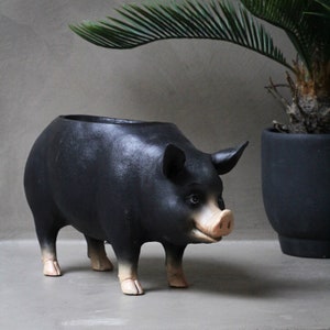 May include: Black pig planter with a textured surface. The planter is made of ceramic and has a rounded shape. It's a great way to add a touch of whimsy to your home decor.