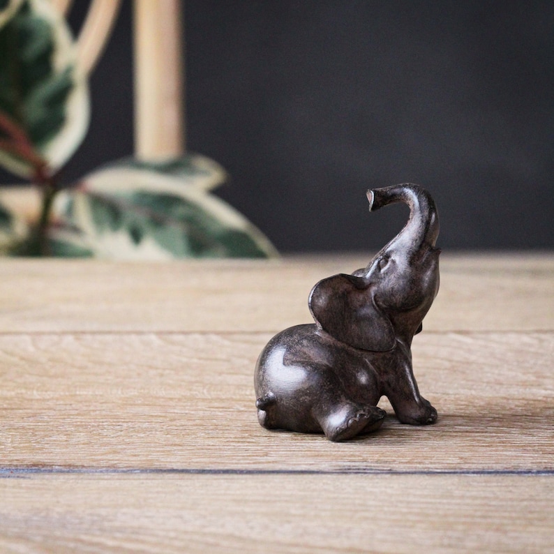 May include: A small, dark brown elephant figurine with its trunk raised. The elephant is sitting on a light brown wooden surface. The background includes a dark wall and a green and white plant.