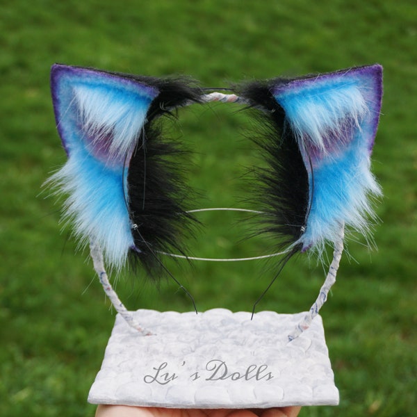 Cat Cos Ears, 3D Blue black magical ear simulation fox wolf furry cosplay handmade realistic fluffy animal fursuit accessories hairband