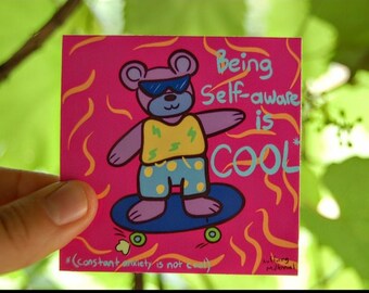 Retro Bear Vinyl Sticker: Self-Awareness is (Constant anxiety is not) (2.5" x 2.5")