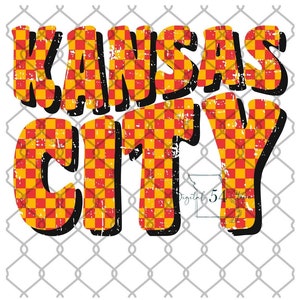 May include: A graphic design featuring the words "Kansas City" in a bold black font. The letters are filled with a checkered pattern of red and yellow squares. The design has a distressed, vintage look.