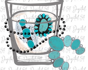 Vaso de chupito turquesa de moda PNG / Western / Vaquera / Archivo digital / Ranchero / Joyería turquesa / Archivo PNG / Lágrimas en las rocas / Diversión con ponche