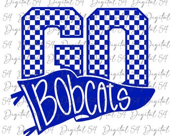 Pode incluir: Um gráfico xadrez azul e branco com o texto "GO Bobcats" em letras brancas em uma faixa azul. O gráfico é perfeito para um time esportivo ou uma escola.