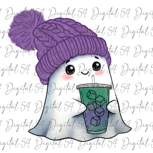 Puede incluir: Un simpático fantasma de dibujos animados con un gorro de punto morado con pompón, sosteniendo una bebida helada verde con cubitos de hielo. El fantasma tiene mejillas rosadas y una expresión feliz. Digital 54 está escrito en el fondo.