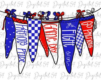 May include: A set of five red, white, and blue pennant flags with the words "Game Day", "Go Patriots", "Patriots Pride", "Fight Win", and "Go Patriots" written on them. The flags are strung together with a white string.