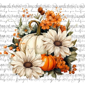 May include: A white pumpkin with a stem and green leaves is surrounded by white daisies and orange flowers. The background is white with text that reads "AUTUMN FALL PUMPKIN PATCH APPLE CIDER FESTIVALS CANDY APPLES FOOTBALL BLANKETS falling leaves flannels harvest corn maze hayrides pie bonfires".