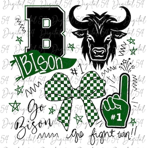May include: A collection of green and black Bison-themed graphics. Includes a large letter "B", a bison head, a bow with a checkered pattern, a foam finger, and the words "Bison", "Go Bison", and "Go fight win!!".