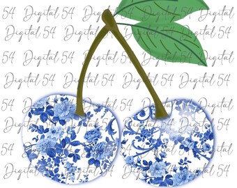 Cerezas florales azules PNG / Flores azules / Archivo digital / Diseño de cereza / Tendencia / Cerezas florales / Flores / Diseño lindo y moderno / Lindo /