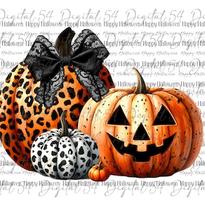 May include: Three pumpkins with different patterns. One pumpkin is orange with a jack-o'-lantern face, one is orange and black with a leopard print, and one is white and black with a dalmatian print. The pumpkin with the leopard print has a black lace bow on top.