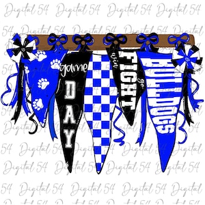 May include: A collection of pennant-shaped banners in blue, black, and white, hanging from a wooden beam. The banners feature paw prints, checkered patterns, and text that reads "Game Day", "Fight", and "Bulldogs". Decorative bows and ribbons are attached.