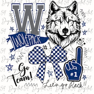 Könnte beinhalten: Digitalgrafik mit einem Wolfskopf, dem Schriftzug "WOLF PACK" auf einem Banner und den Texten "Go Team!" und "Let's go Pack!!". Enthält eine karierte Schleife, einen Schaumstoff-Finger und Sterne in Blau und Weiß.
