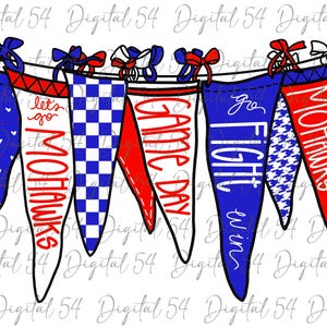 May include: A set of five pennant flags with red, white, and blue colors. The flags have the words "Let's Go Mohawks", "Game Day", "Fight Win", and "Mohawks" written on them.